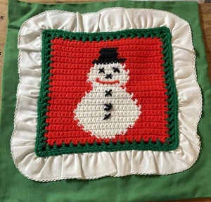 Vintage 15.25” Christmas Pillow Cover Crochet Snowman Ruffle Frame Snap Closure - Picture 1 of 13