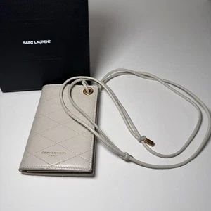 Saint Laurent Gestepptes Glattleder Lanyard Kartenetui Geldbörse Grau Taupe - Bild 1 von 17