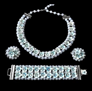 1950’s LERU Blue Moon Glow Borealis Enamel Necklace Earrings Bracelet Set Parure - Picture 1 of 22