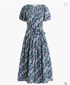 JCrew Puff sleeve tie waist midi dress - Size 4 Navy Lilac NWT MSRP $138 - Picture 1 of 4