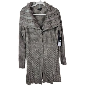 Sloni Cable Knit Long Cardigan Coat L Taupe Shawl Wool Blend Chunky Fisherman - Picture 1 of 13