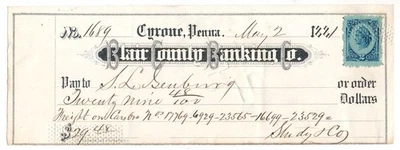R152 on 1881 Blair County Banking Co. check, Tyrone, PA, RR Freight - Image 1 of 4