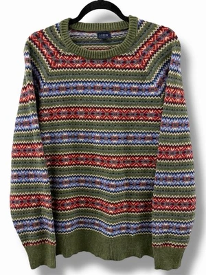 J Crew Sweater Men’s Med Green Lambswool Blend Fair Isle Crewneck Stripe Comfy - Image 1 of 4