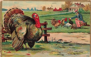 TARJETA POSTAL DE ACCIÓN DE GRACIAS DE COLECCIÓN BIG TURKEY TÍO SAM ALIMENTA A LOS PAVOS 1911 070725 U - Imagen 1 de 2