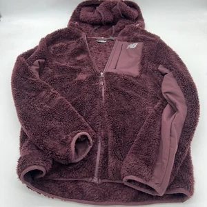 New Balance Fuzzy Fleece Jacket Womens Medium Hood Full Zip Pocket Wine - Picture 1 of 5