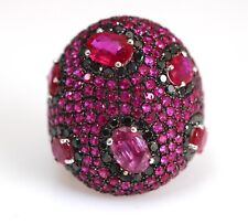 Exquisite 18k White Gold Ruby And Black Diamond Cluster Cocktail Ring