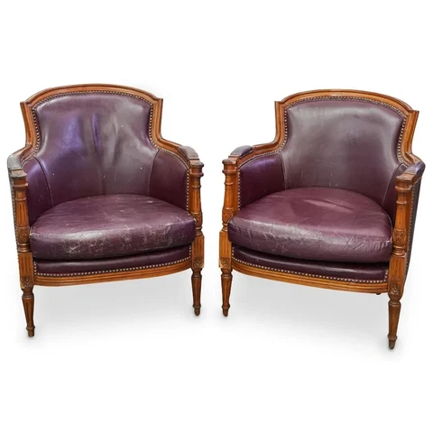 (2 Pc) Vintage Dark Burgundy Leather Armchairs Cover