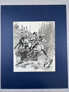 Rusty Phelps Buck Charging Cowboy Watercolor & Ink Painting Deer Signed 1970