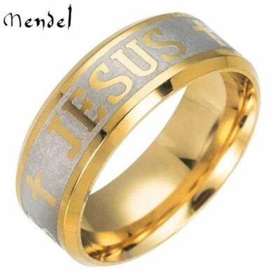 MENDEL Para Hombres Acero Inoxidable Chapado en Oro Cristiano Jesús Cruz Anillo Banda Talla 6-13 Foto 1 de 4
