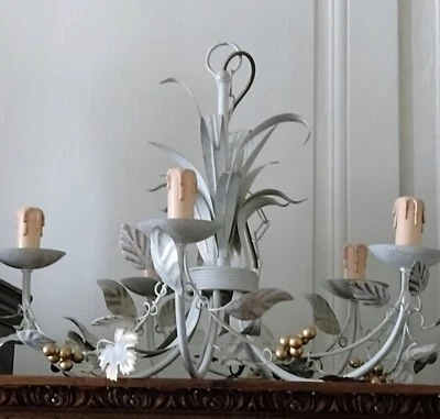 Grapes + Vine Leaves Mid-Century French 5 Lights Painted Tole Chandelier - Image 1 of 4