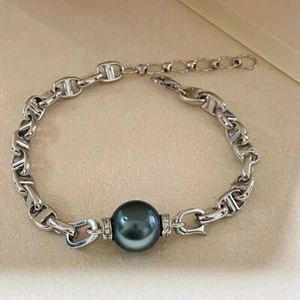 Stunning 10-11mm Tahitian Round Black Green Pearl Bracelet 7.5-8" - Picture 1 of 3