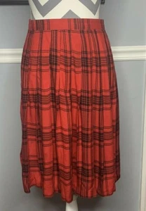 VTG Bill Blass Womens School Girl Red Black Plaid Wool Pleated Skirt Midi Size 6 - Picture 1 of 6