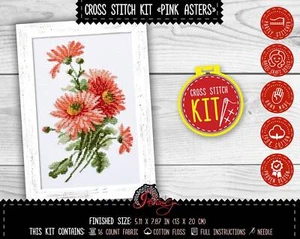 Pink Asters cross stitch kit Flowers embroidery kit for kids and adults DIY Gift - Picture 1 of 9