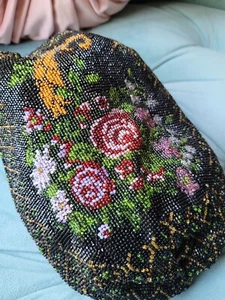 Beaded Antique Purse 1910 Art Deco Nouveau Black w Roses & Purple Flowers - Picture 1 of 5