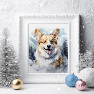 Corgi estampado en invierno, pintura moderna en acuarela, retrato de mascotas - Imagen 1 de 10