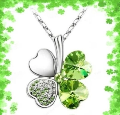 绿色水晶沙姆洛克四叶草项链吊坠 ~ 圣帕特里克节礼物 — 第 1/4 张图片