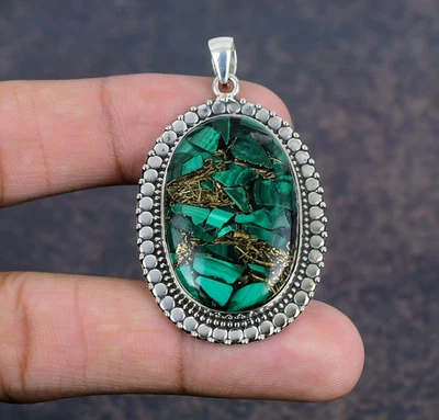 Delicado colgante de plata de acero 925 hecho a mano piedras preciosas de malaquita de cobre joyería Foto 1 de 4