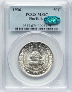 Blazing White! CAC 1936 50c Norfolk Half-dollar MS 67 PCGS - Picture 1 of 2