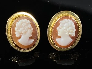 Vintage 14k Yellow Gold & Carved Carnelian Shell Cameo Earrings - 8mm / 2g - Bild 1 von 14