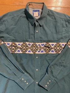 VTG Wrangler Brushpopper Shirt XLT Aztec Western Snap Denim MC5081A USA Fabric - Picture 1 of 9