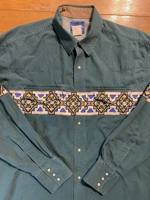 VTG Wrangler Brushpopper Shirt XLT Aztec Western Snap Denim MC5081A USA Fabric - Image 1 of 4