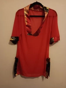Women's Unbranded Sheer Kimono Blouse, Red Silk Like Trim Size Snall, EUC - Picture 1 of 7