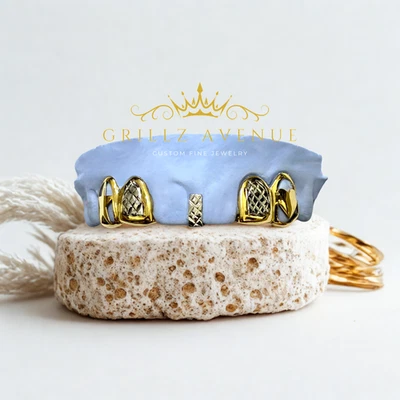 Parrilla de ajuste personalizado 6 piezas con cara abierta estrella 3D y corazón (plata de ley 925) Foto 1 de 3