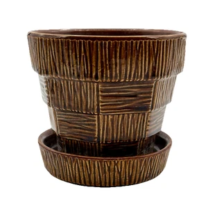 McCoy Art Pottery Brown Basketweave Planter w/ Attached Saucer - 5" Vintage EUC - Picture 1 of 17