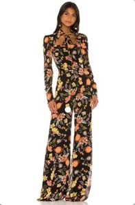 $590 Alexis Black Floral Long Sleeve Jumpsuit Tie Neck Bootcut Leg ~ XS ~ NWT - Picture 1 of 10