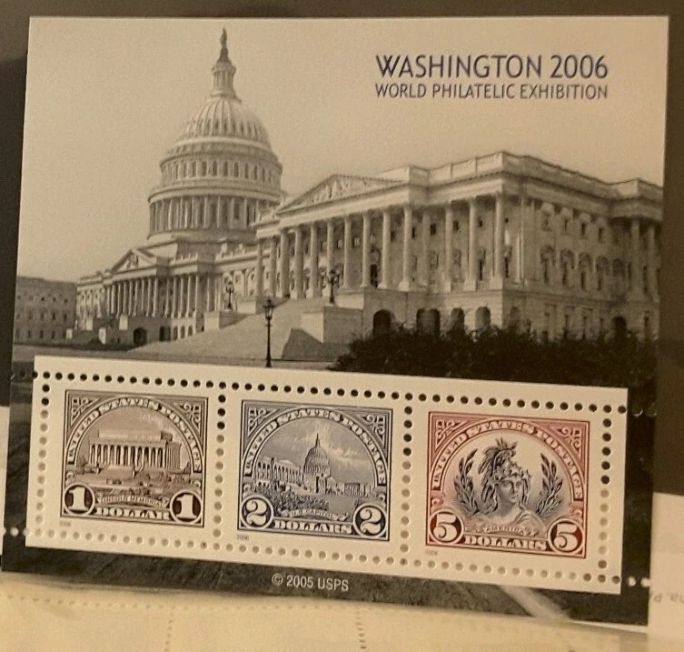 2006 : Washington 2006 World Philatelic Exhibition $1 $2 & $5 Sheet of 3 Stamps  - Image 1 of 1