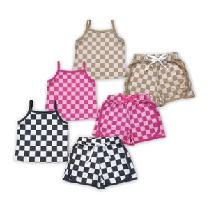 Summer Sibling baby Girls Boutique Clothing Checked Strap Top Shorts Outfit - Picture 1 of 4