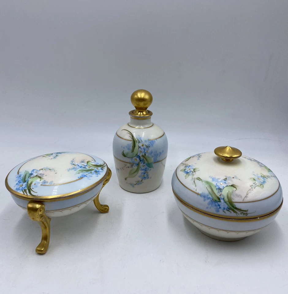 Antique Vanity Set W Pickard A Forget Me Not Blue Flowers Gold Lidded Dishes - Image 1 of 4