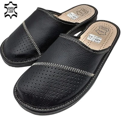 ✅ Herren Leder Echtleder Hausschuhe Latschen Pantoffeln schwarz Gr.40-48 EU Ware