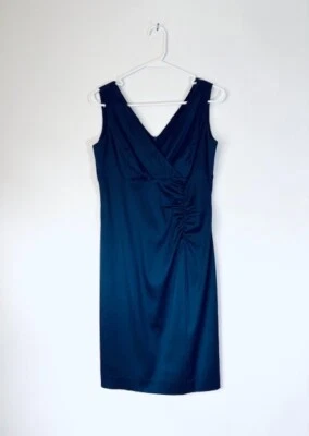 Donna Ricco Womens Dress Navy Satin Sleeveless V-neck Ruched Sheath Size 6 Silky - Image 1 of 4
