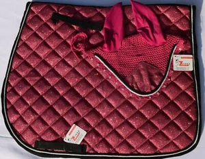RED GLITTER ENGLISH SADDLE PAD MATCHY SET WITH FLY BONNET - Picture 1 of 1