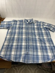 Wrangler Uomo 2X Blu Bianco Plaid Denim Perla Bottone a Scatto Manica Corta - Foto 1 di 6