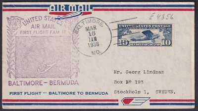 SWEDEN COVER: (18843) BALTIMORE/BERMUDA YEAR ERROR/STOCKHOLM/CANCEL/FFC 1938 - Image 1 of 2