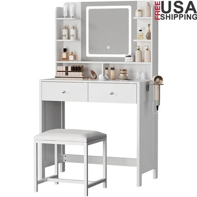 Lighted Mirror 8 Shelves 2 Drawers Charging Station Hair Dryer Holder & Stool - Image 1 of 4