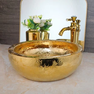 Gold Bathroom Ceramic Vessel Basin Sinks Bowl Waste Pop-up Drain With Mixer Taps - Picture 1 of 8