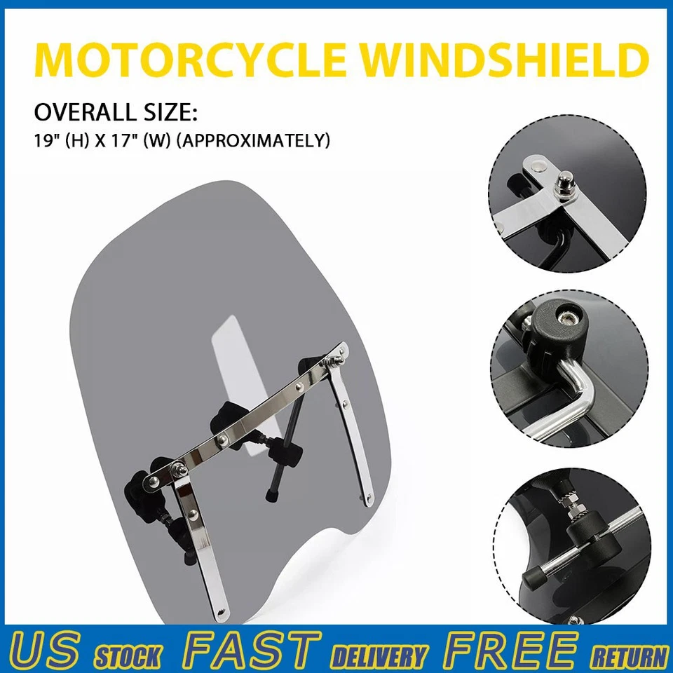 Parabrisas universal de humo de 19"x 17" para motocicleta ajuste manillar de 7/8" 1" y 1,25" EE. UU. Foto 1 de 4