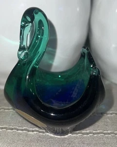 Murano Style Art Glass Swan Deep Green And Blue Paperweight Trinket Dish - Picture 1 of 7