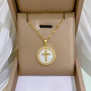 Circular Cross Pendant Necklace Gold Silver Chain Jewelry Gift for Men Women - Picture 1 of 14