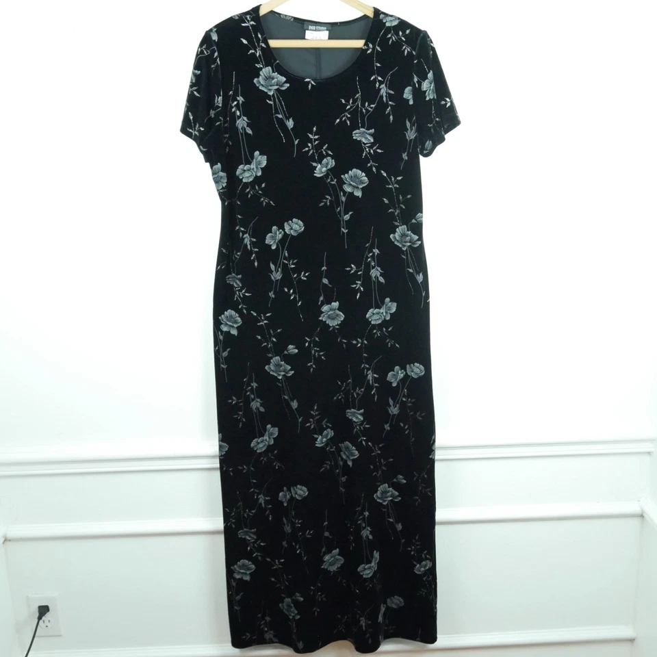 Maxi Vestido Vintage Talla 14 Terciopelo Negro Floral Oscuro Cachicho Y2K Años 90 Grunge Foto 1 de 4