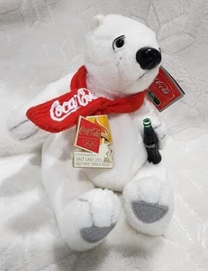 CocaCola 2002 Olympics White Polar Bear Authentic Plush Stuffed Red Winter Scarf - Picture 1 of 11