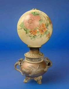 antique bradley hubbard lamp bronze dragons hand painted globe shade - Picture 1 of 16