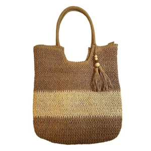 Handmade Woven Straw Tote Bag With Tassel & Inner Pockets Beige/Brown 15" x 14" - Picture 1 of 8