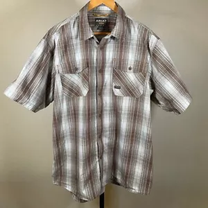 Ariat Rebar Plaid Work Shirt Western Short Sleeve Button Up Brown White Mens XL - Picture 1 of 6