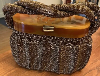 Vtg 1940s Copper Beaded Bakelite Box Purse Clam Shell Top Pleated Ruched Skirt - Image 1 of 4
