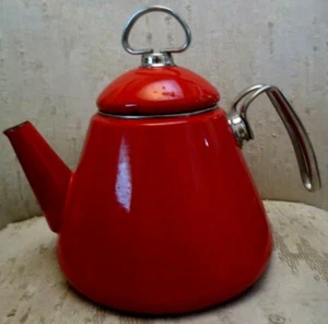 Chantal Red Enamel Tea Kettle Blue Inside Cone Shape Vintage modern - Picture 1 of 5