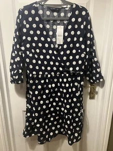 F&F NAVY ABITO MIDI A POIS TESSUTO CHIFFON A COSTINE AVVOLGENTE Taglia 14 - Foto 1 di 2